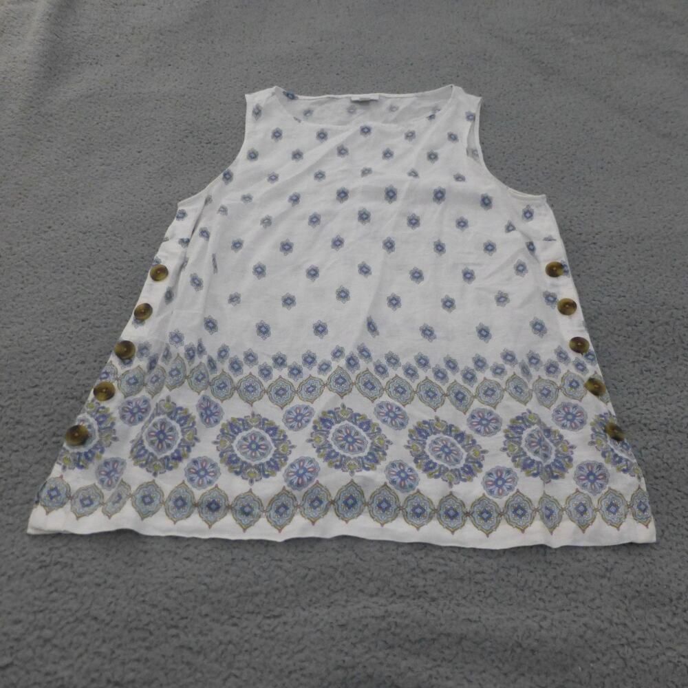 J Jill Shirt Womens Large Linen Tunic Sleeveless Floral White Beach Flowy